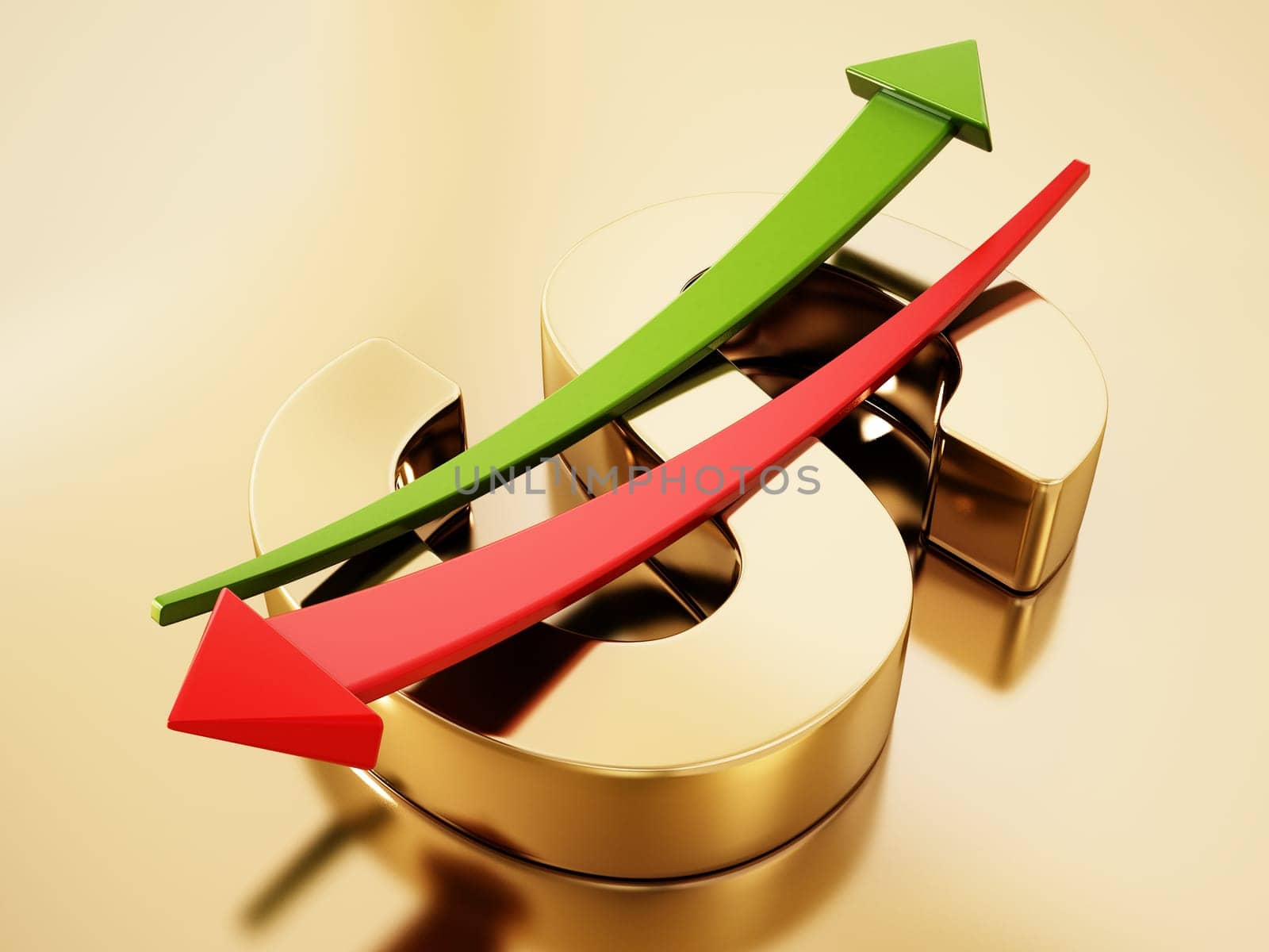 Rising and falling statistic arrows forming a dollar sign with letter S. 3D illustration.