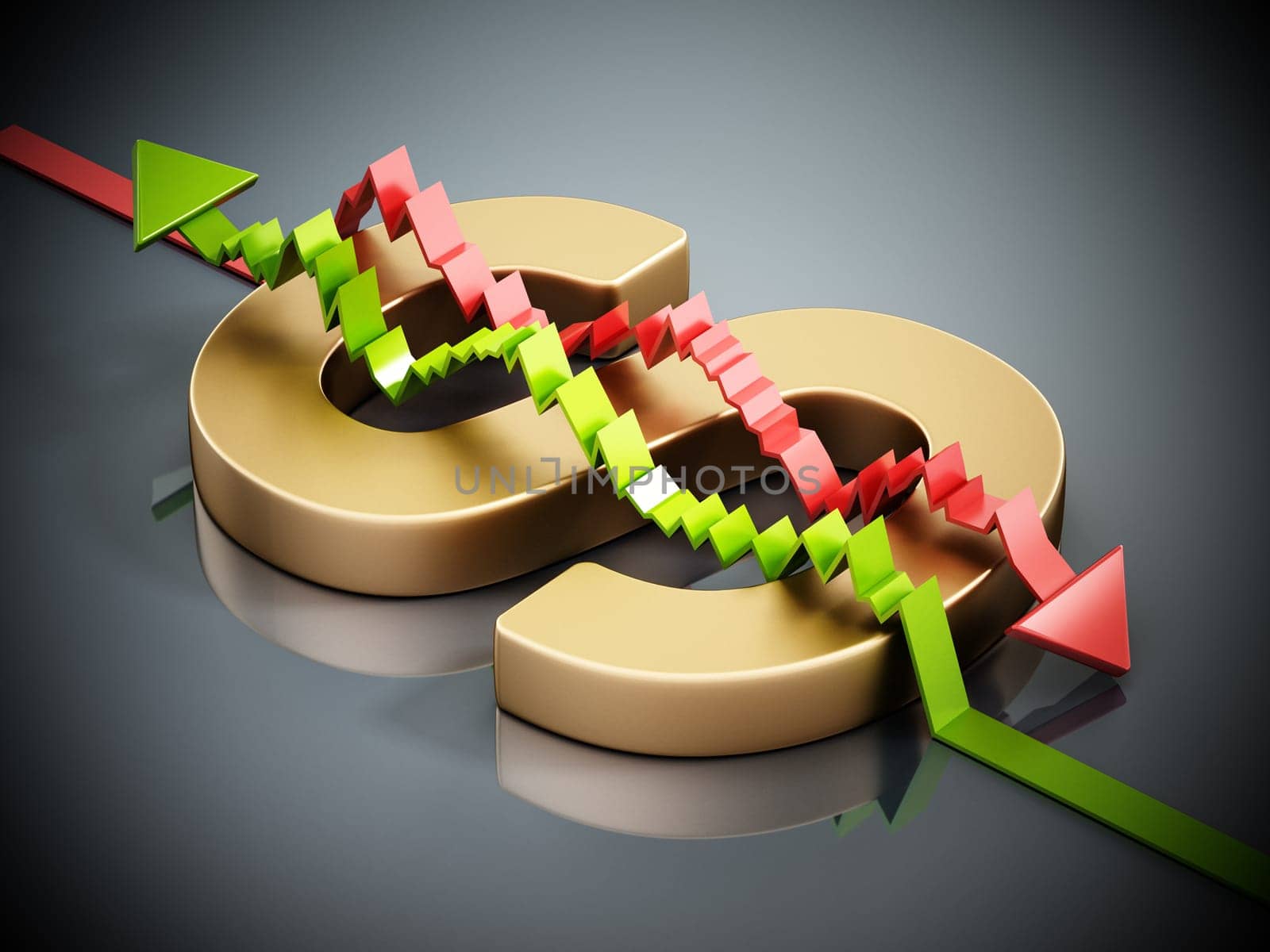 Rising and falling statistic arrows forming a dollar sign with letter S. 3D illustration.