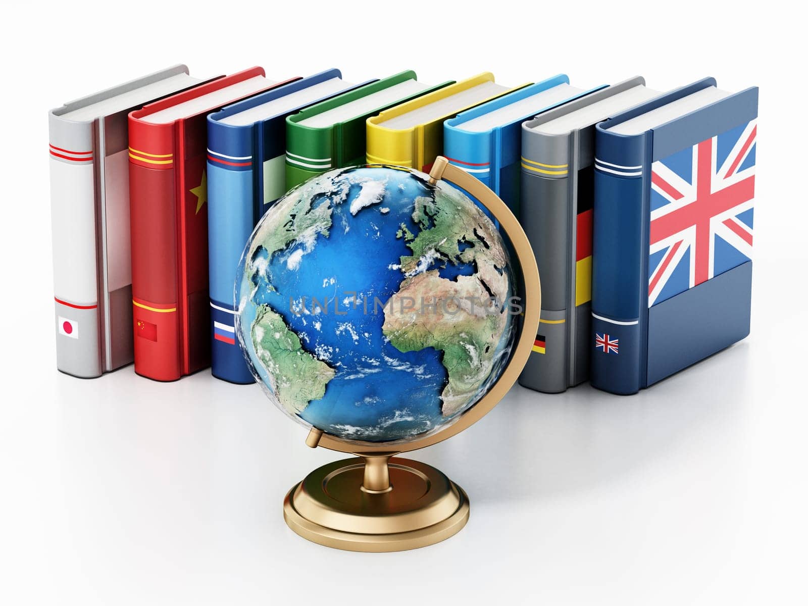 Earth globe model and dictionaries with various flags isolated on white background. 3D illustration.
