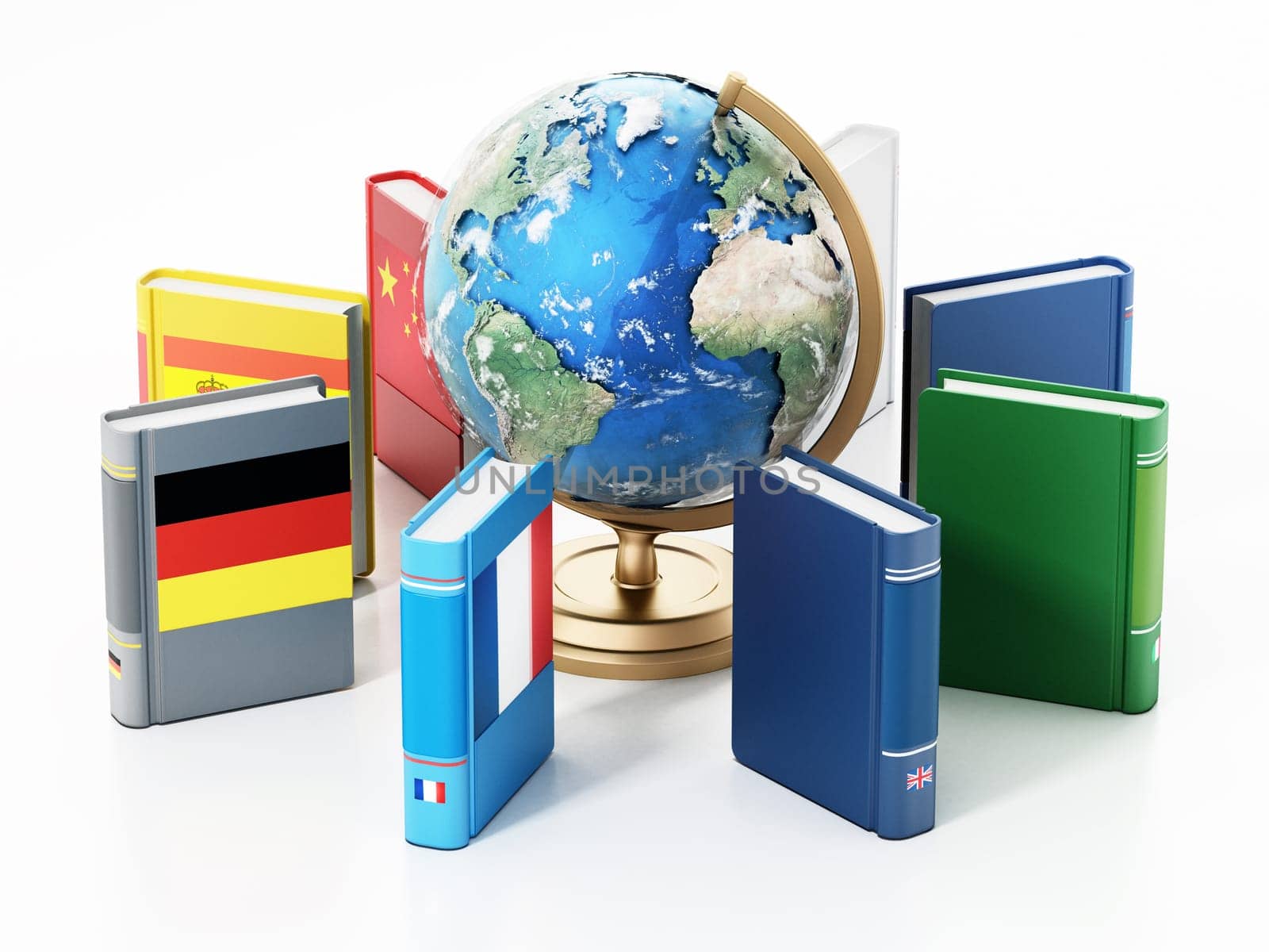 Earth globe model and dictionaries with various flags isolated on white background. 3D illustration.