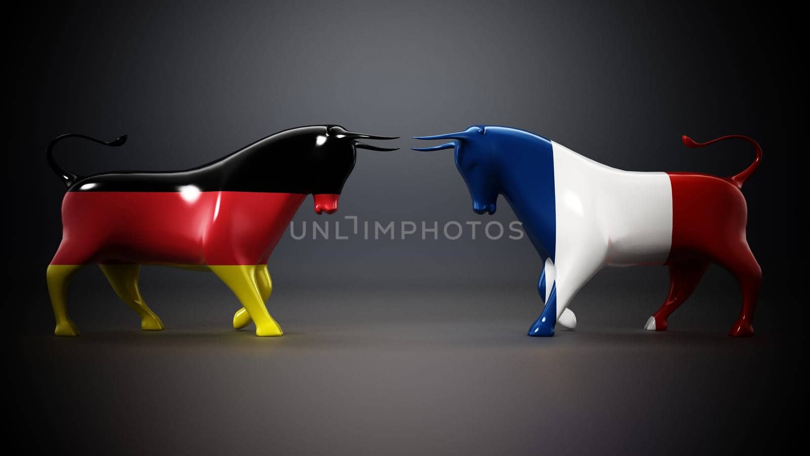 Bulls with Germany and France flags facing each other on dark background. 3D illustration.