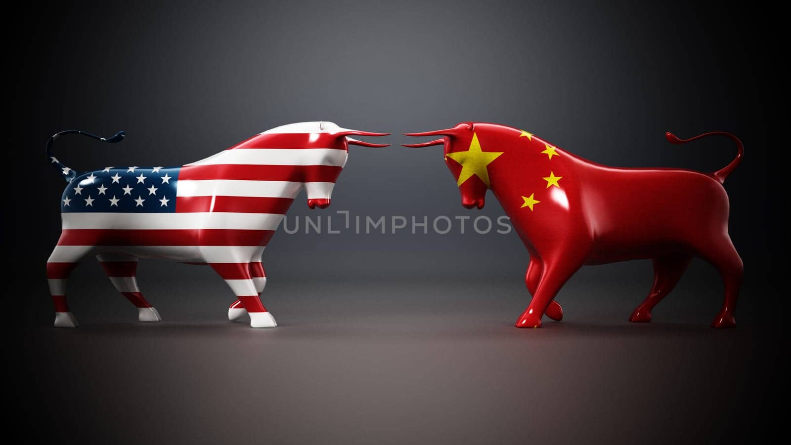 Bulls with American and Chinese flags facing each other on dark background. 3D illustration.