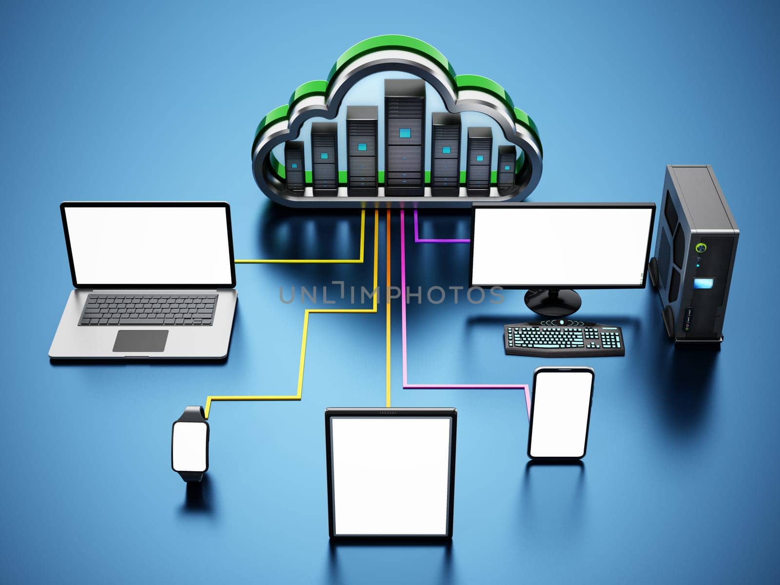 Smart devices connected to the cloud shaped servers. Cloud computing diagram. 3D illustration.