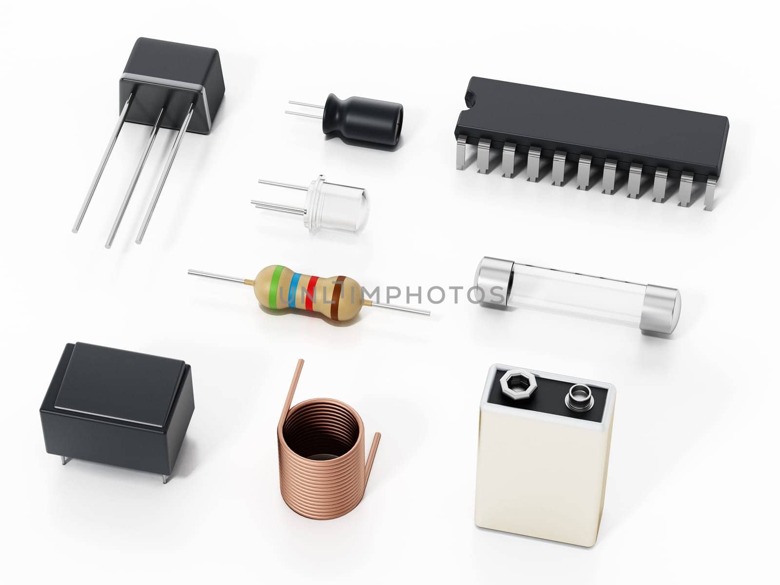 Spare electronic parts isolated on white background. 3D illustration.