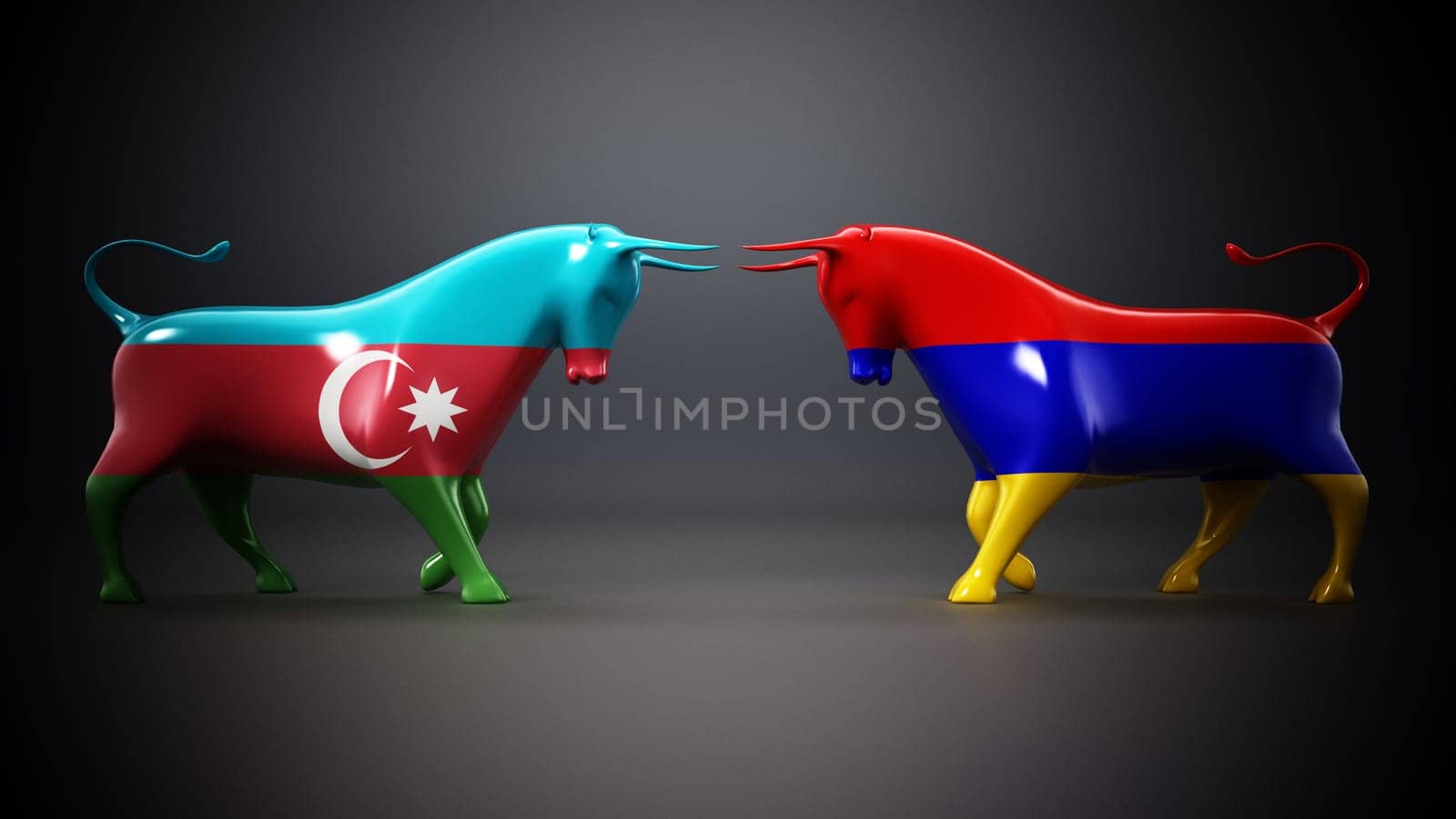 Bulls with Azerbaijan and Armenia flags facing each other on dark background. 3D illustration.