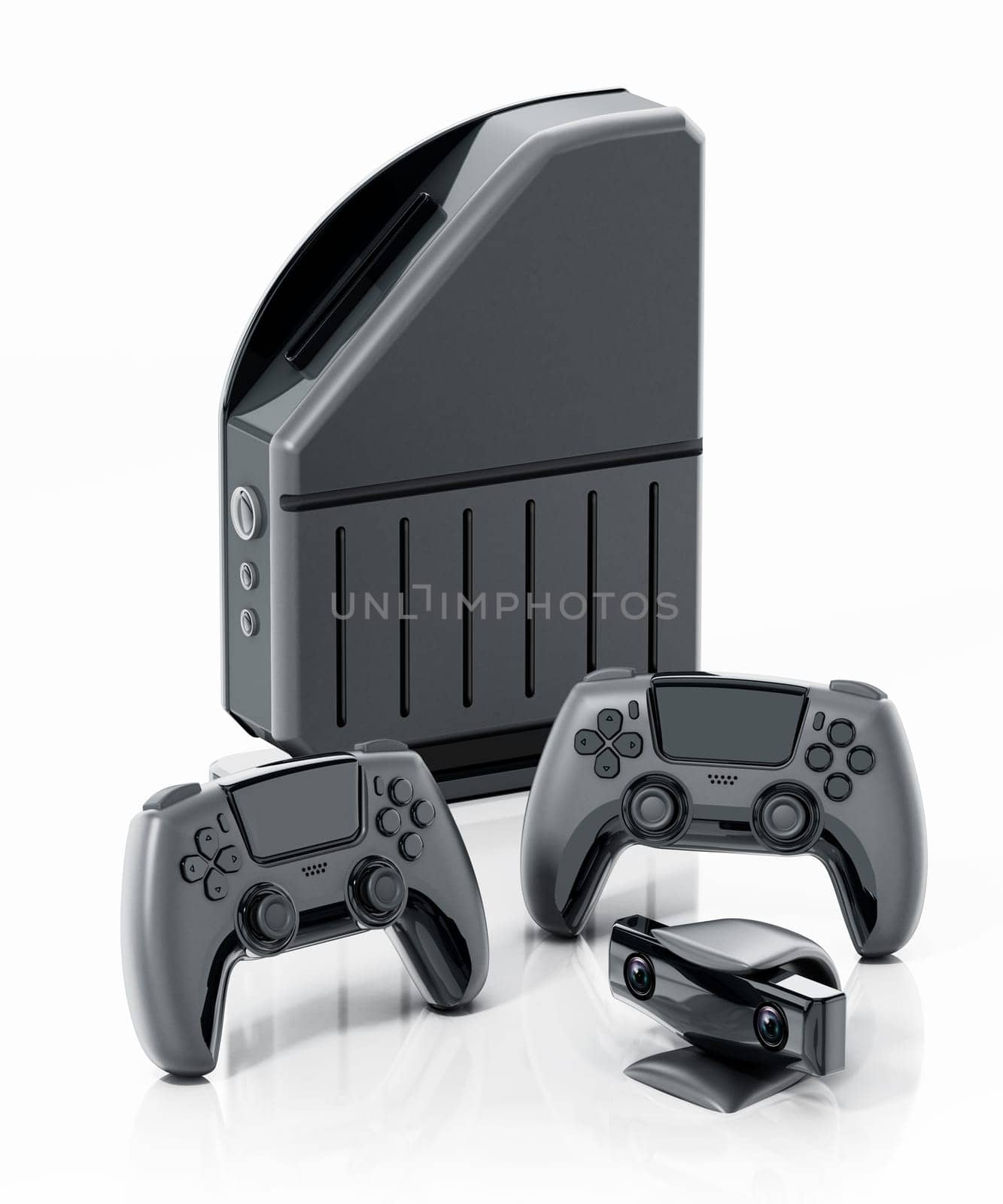 Generic video game console, controllers and camera isolated on white background. 3D illustration.