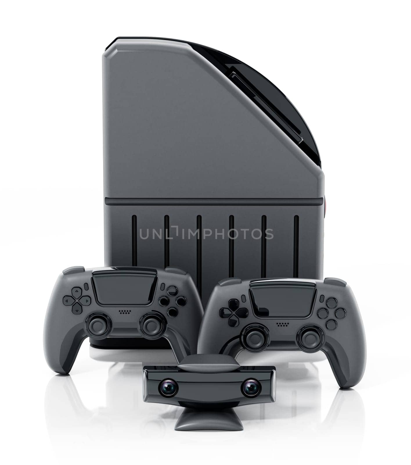 Generic video game console, controllers and camera isolated on white background. 3D illustration.