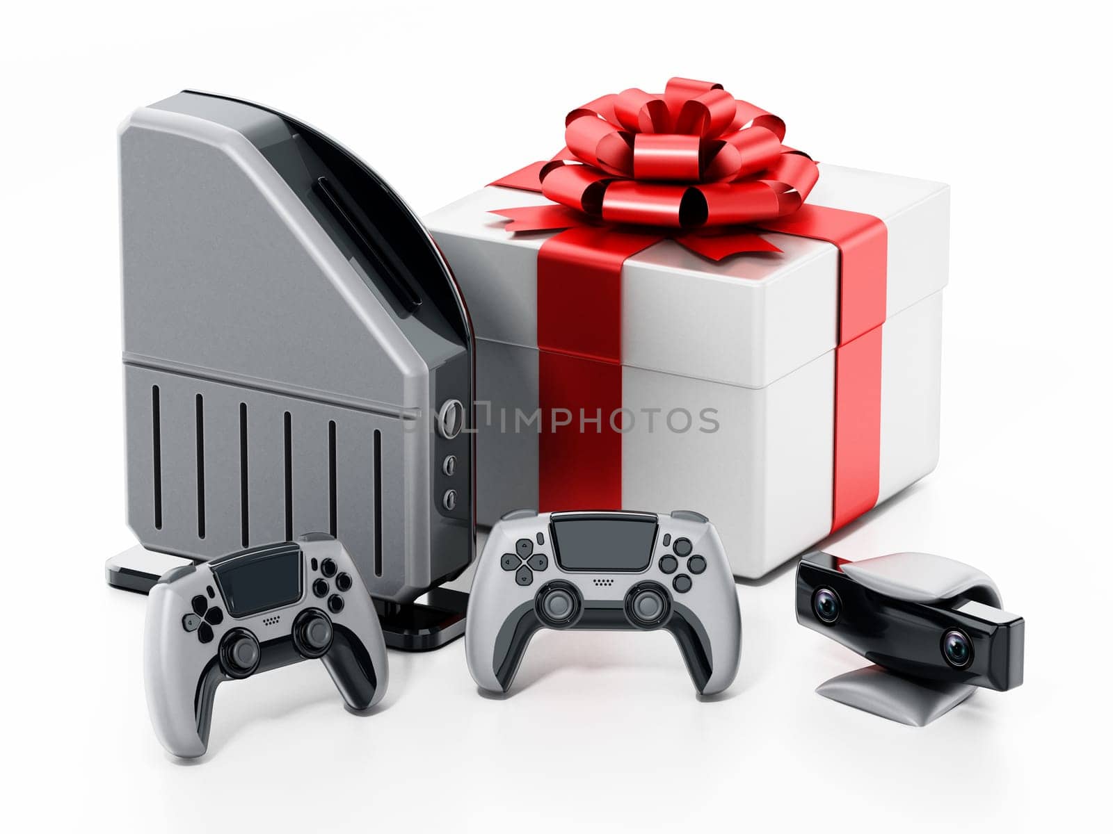 Giftbox standing next to generic video game console, controllers and camera. 3D illustration.