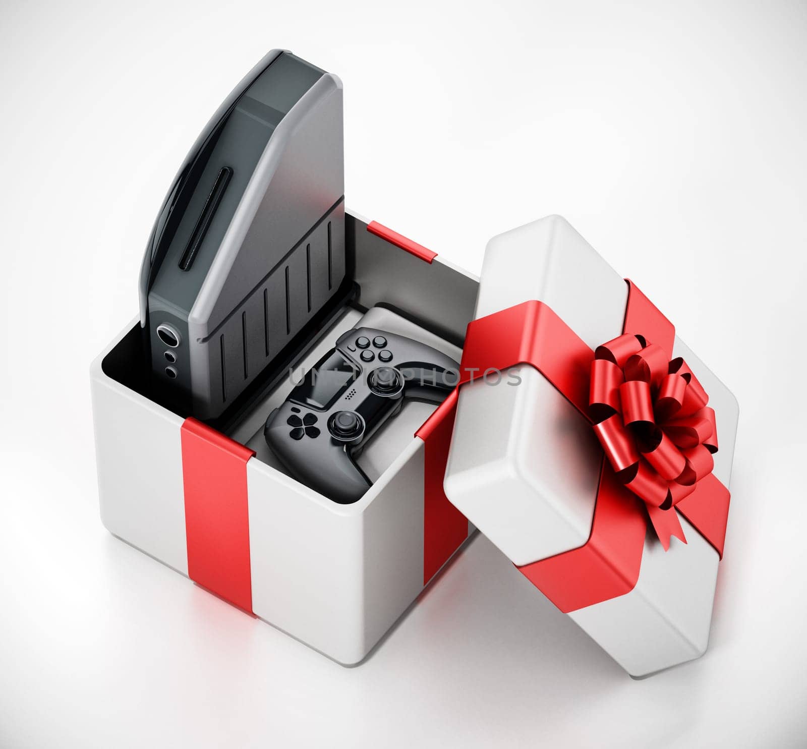 Generic video game console and controller inside giftbox. 3D illustration.