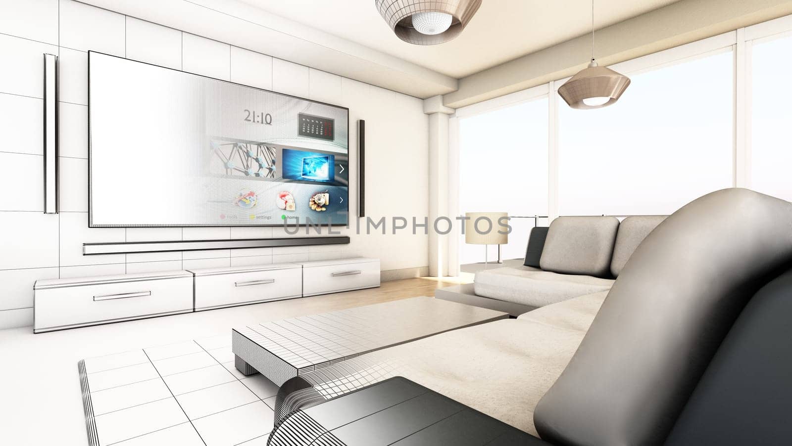Modern living room half wireframe half standard rendering. 3D illustration.
