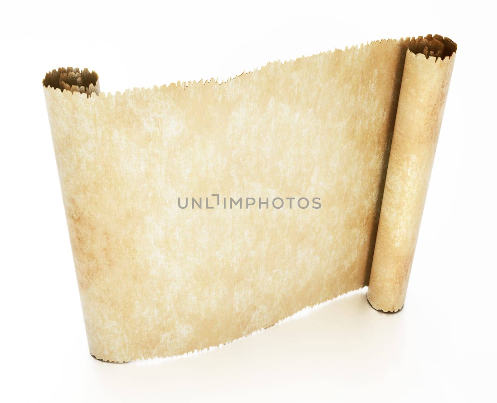 Old blank parchment isolated on white background. 3D illustration.