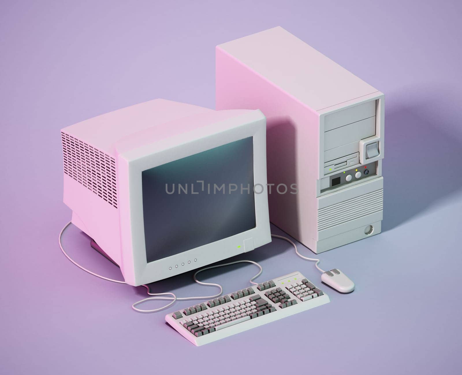 Vintage PC standing on gray background. 3D illustration.