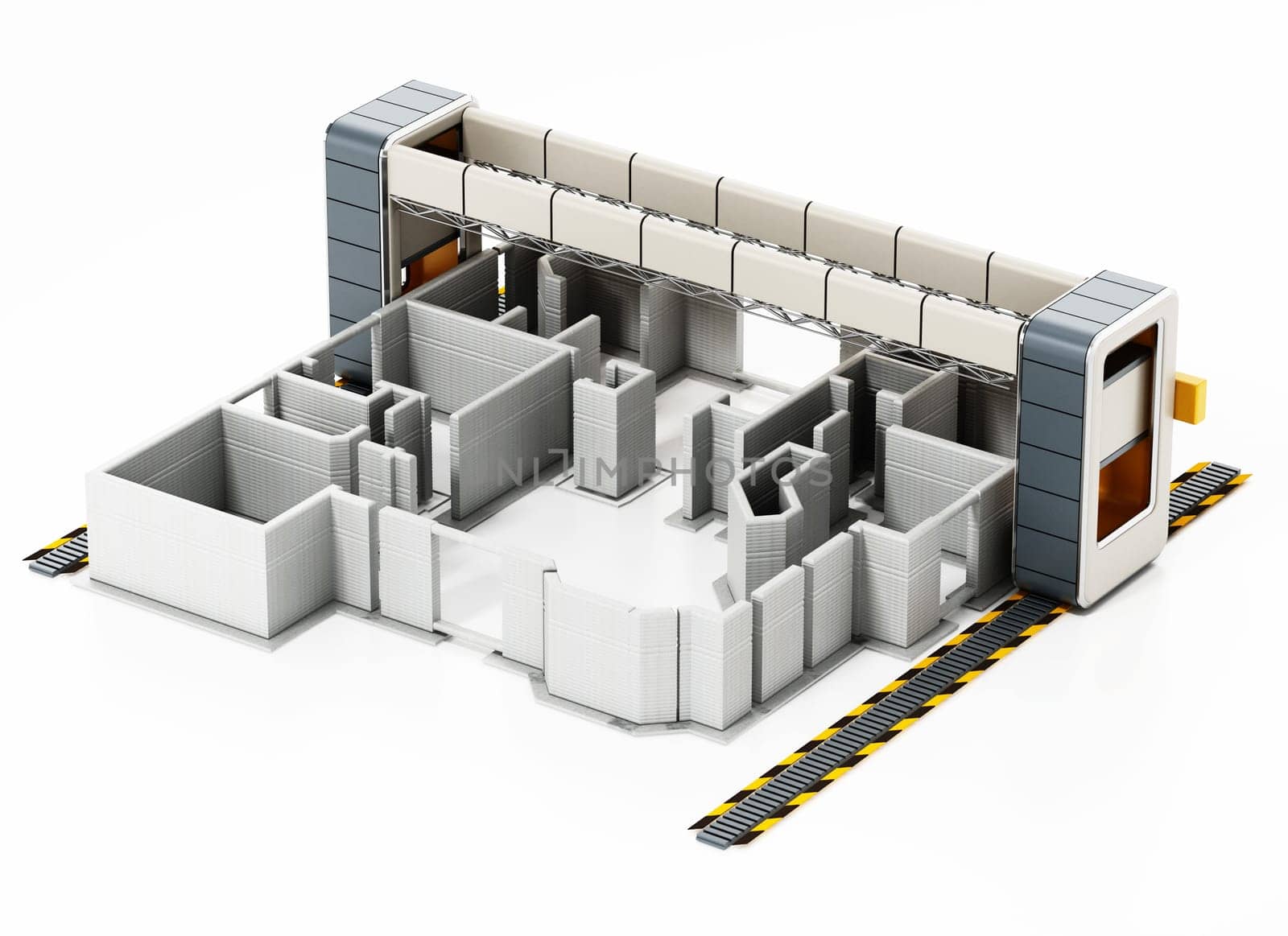 Giant 3D printer and 3D printed house exterior. 3D illustration.