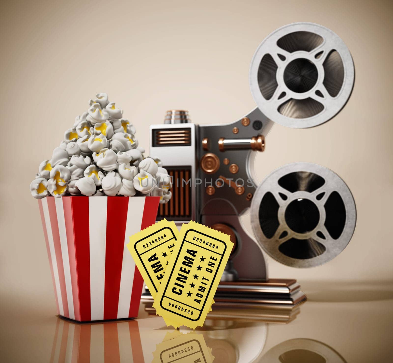 Vintage movie projector popcorn, cinema tickets. 3D illustration.