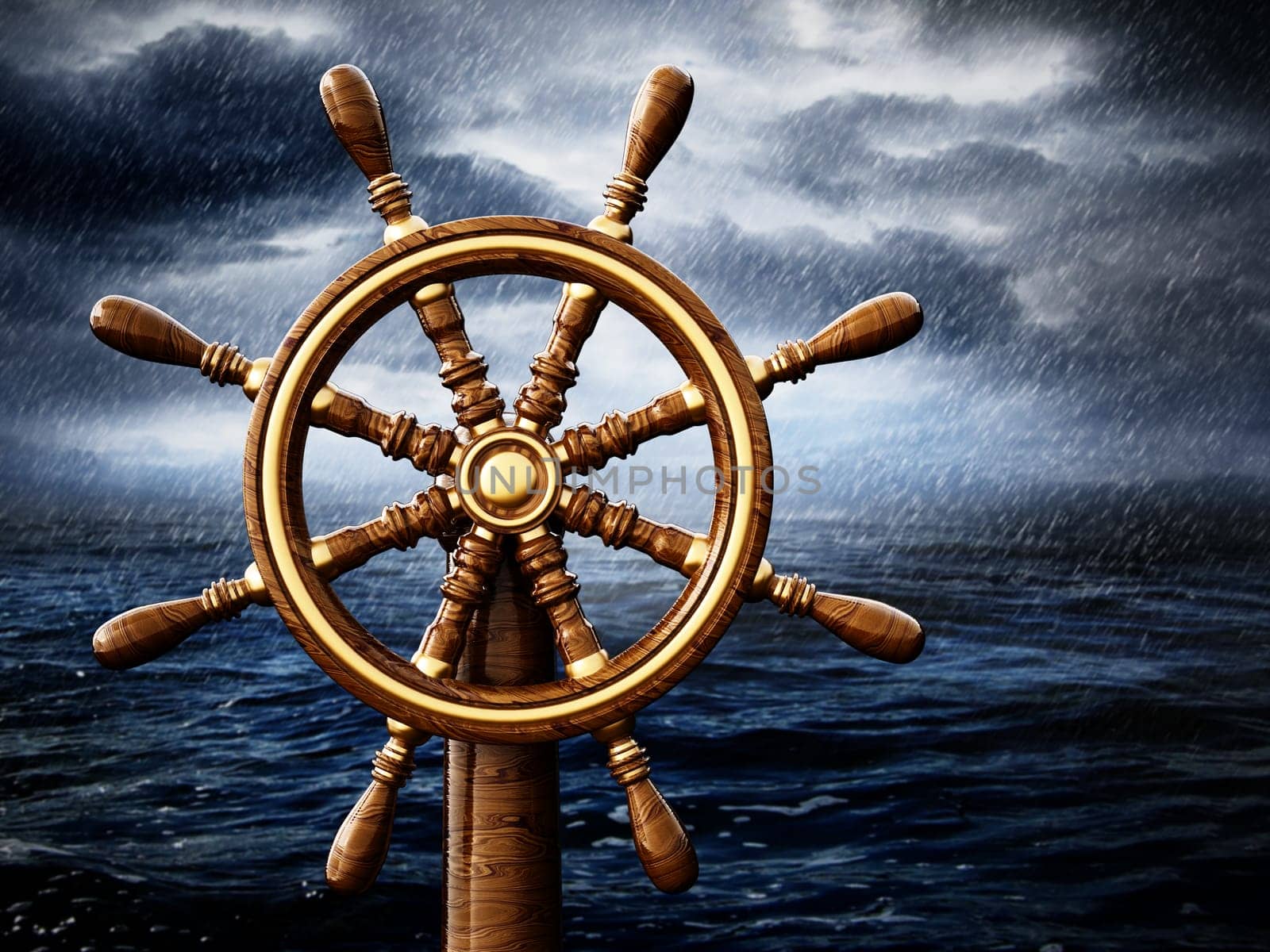 Ship wheel against the storm at night background. 3D illustration.