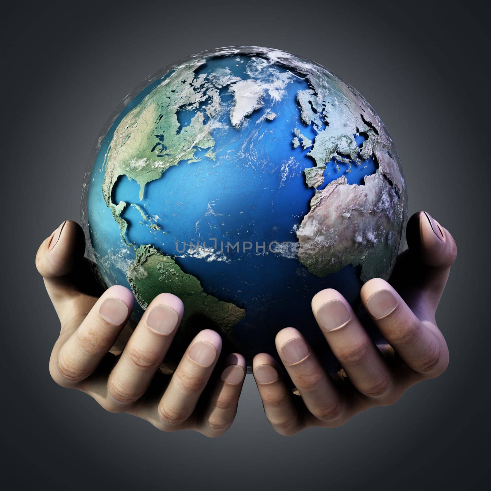 Hands holding a globe against dark background. 3D illustration.
