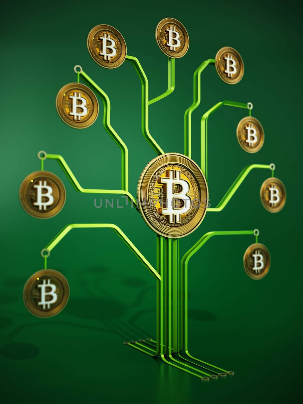 Fictitious crypto coins hanging on PCB tree branchs. 3D illustration.
