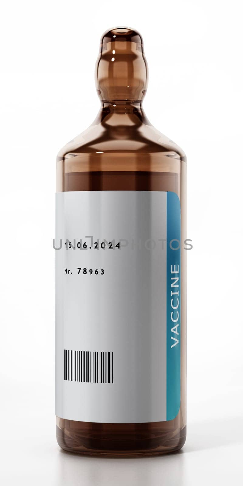 Generic Covid-19 vaccine in glass bottle. 3D illustration.