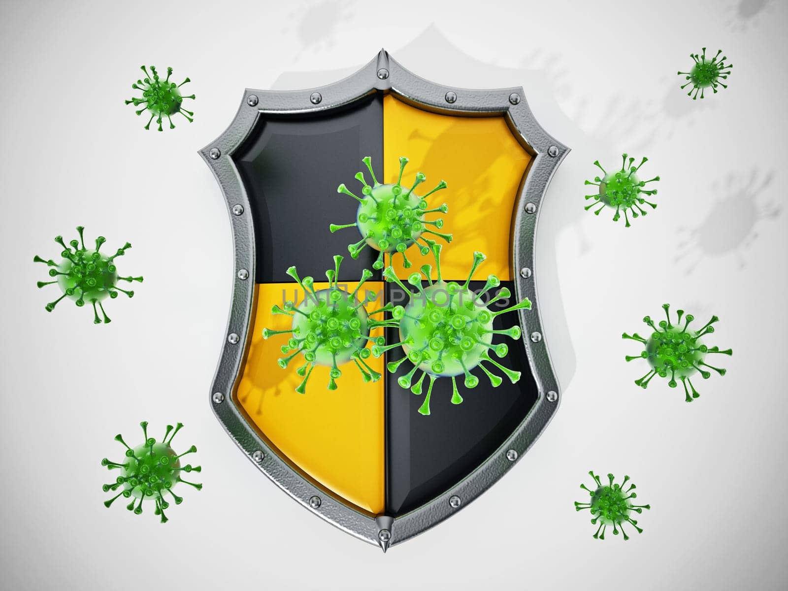 Green viruses and shield isolated on white background. 3D illustration.