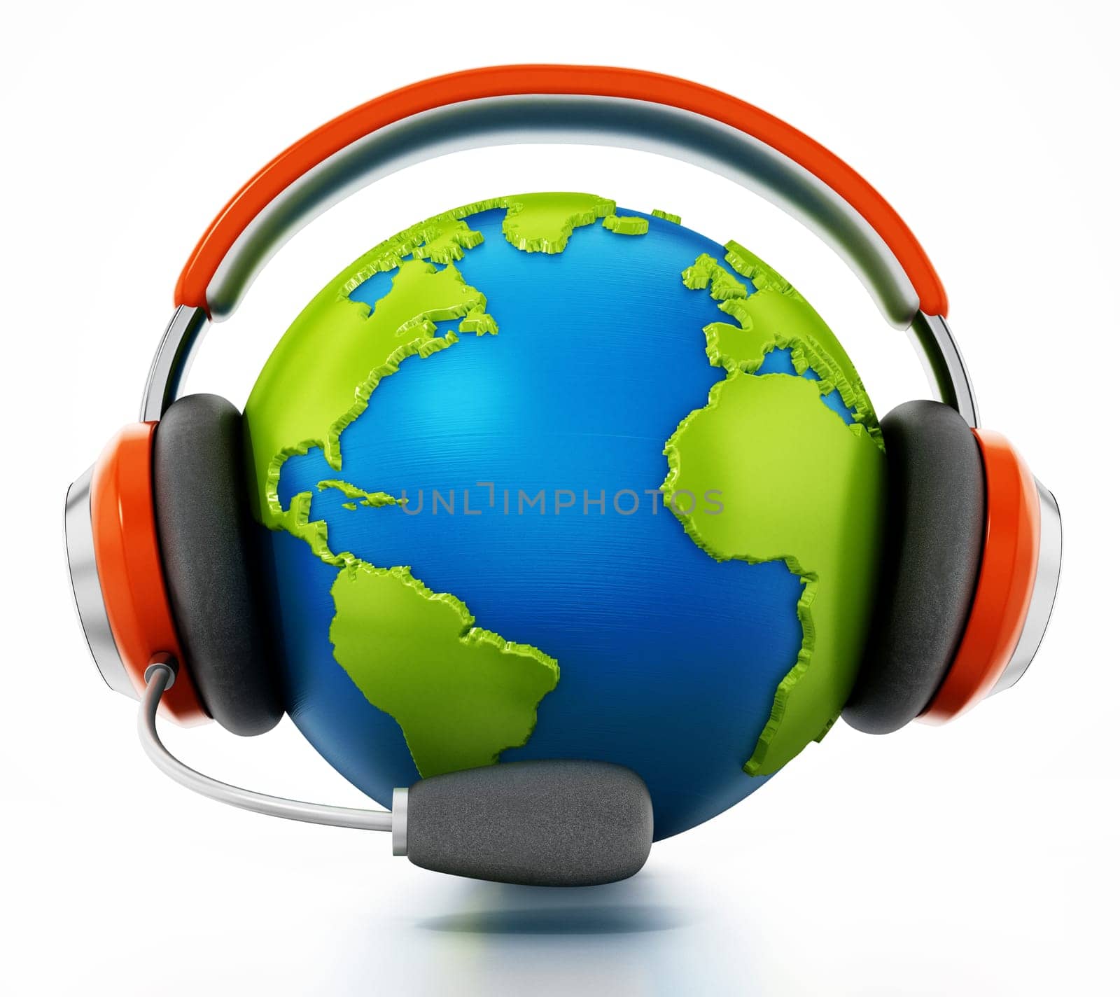 3D globe with headphones and microphone isolated on white background. 3D illustration.