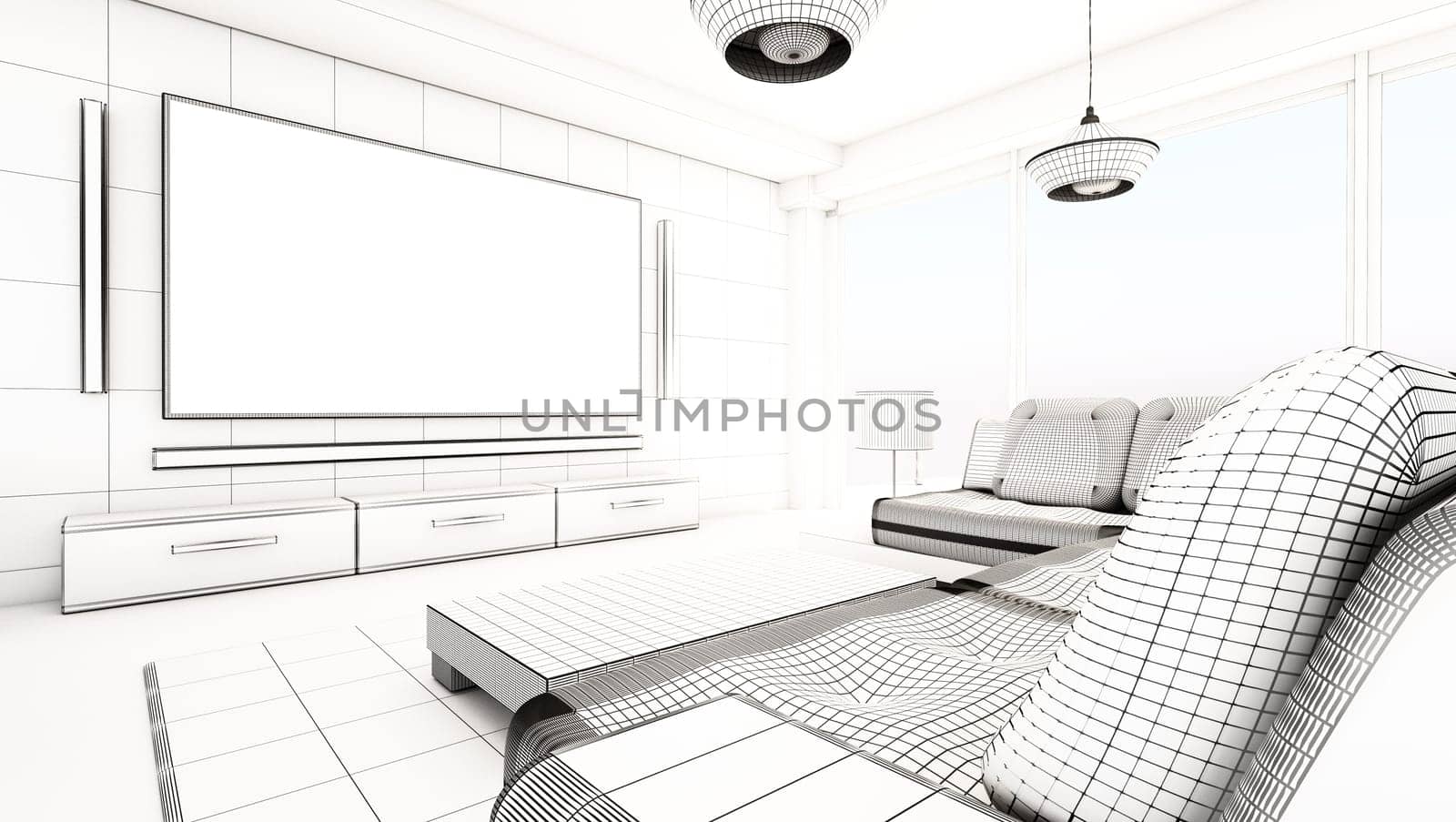 Modern living room wireframe rendering. 3D illustration.