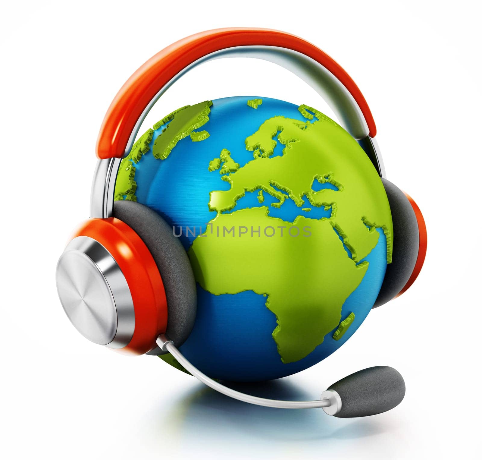 3D globe with headphones and microphone isolated on white background. 3D illustration.