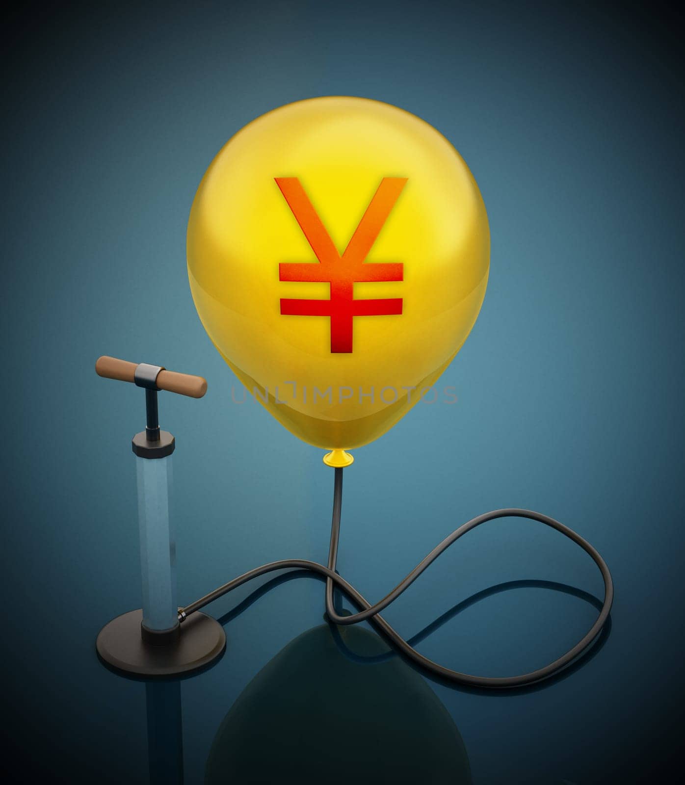 Manual hand pump connected to the inflated yellow balloon with Yen icon. 3D illustration.