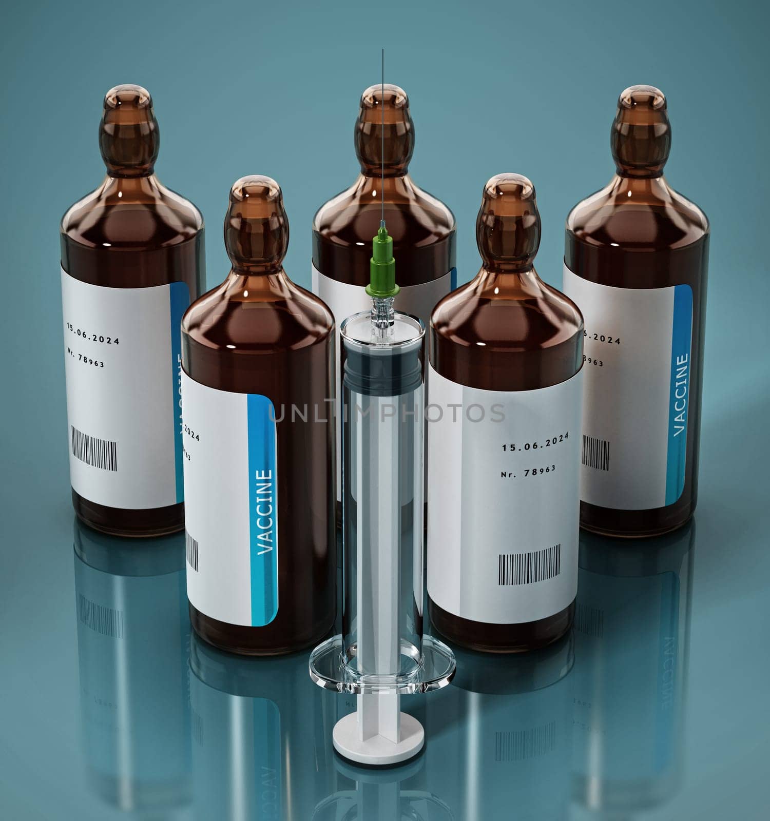 Generic Covid-19 vaccines and syringe. 3D illustration.