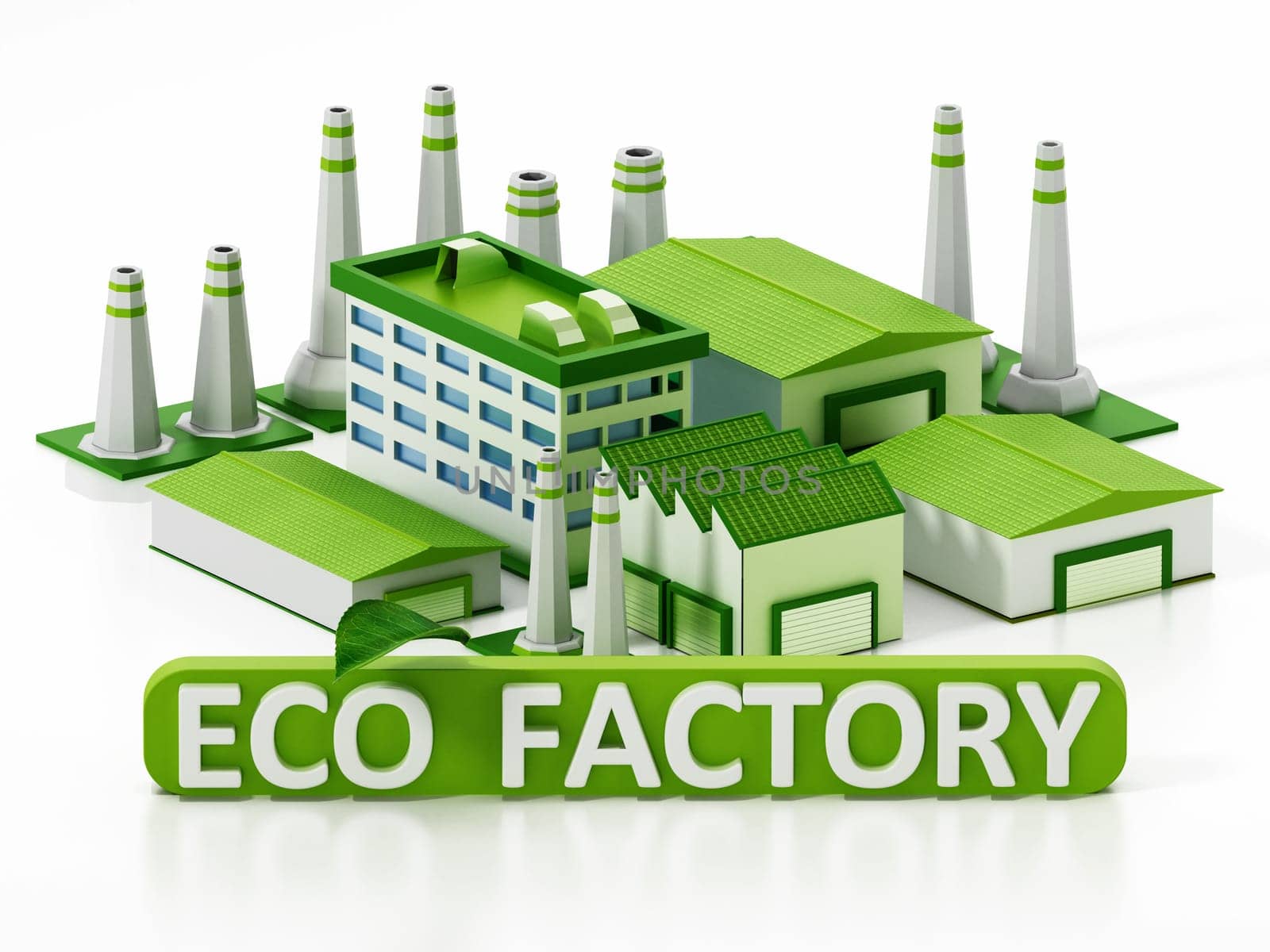 Eco friendly factory compound isolated on white background. 3D illustration.