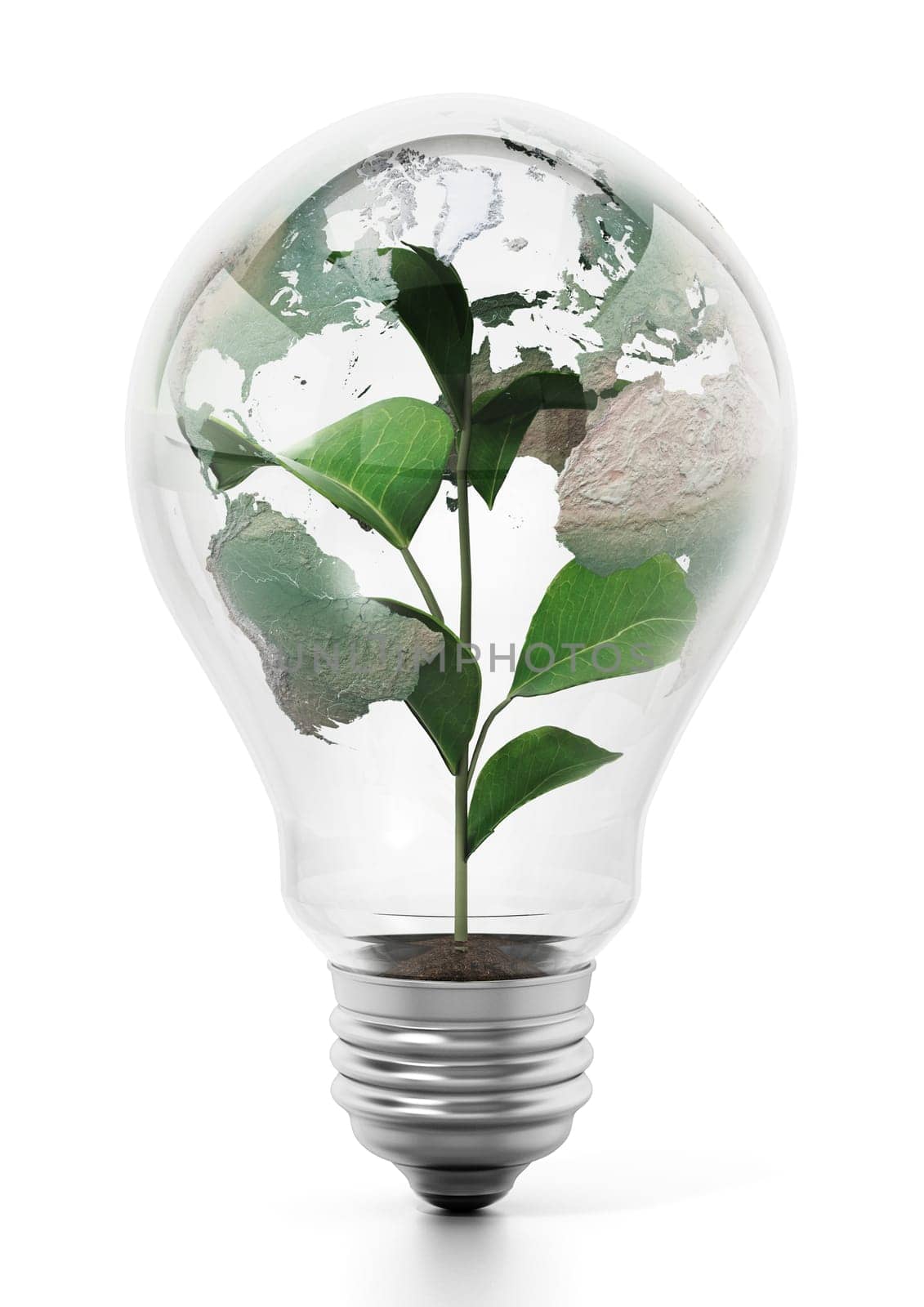 Plant standing inside the lightbulb with world map. 3D illustration.
