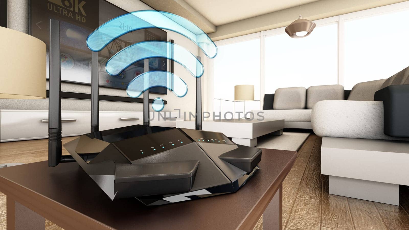 High speed wireless router, modem or range extender inside a modern room. 3D illustration.