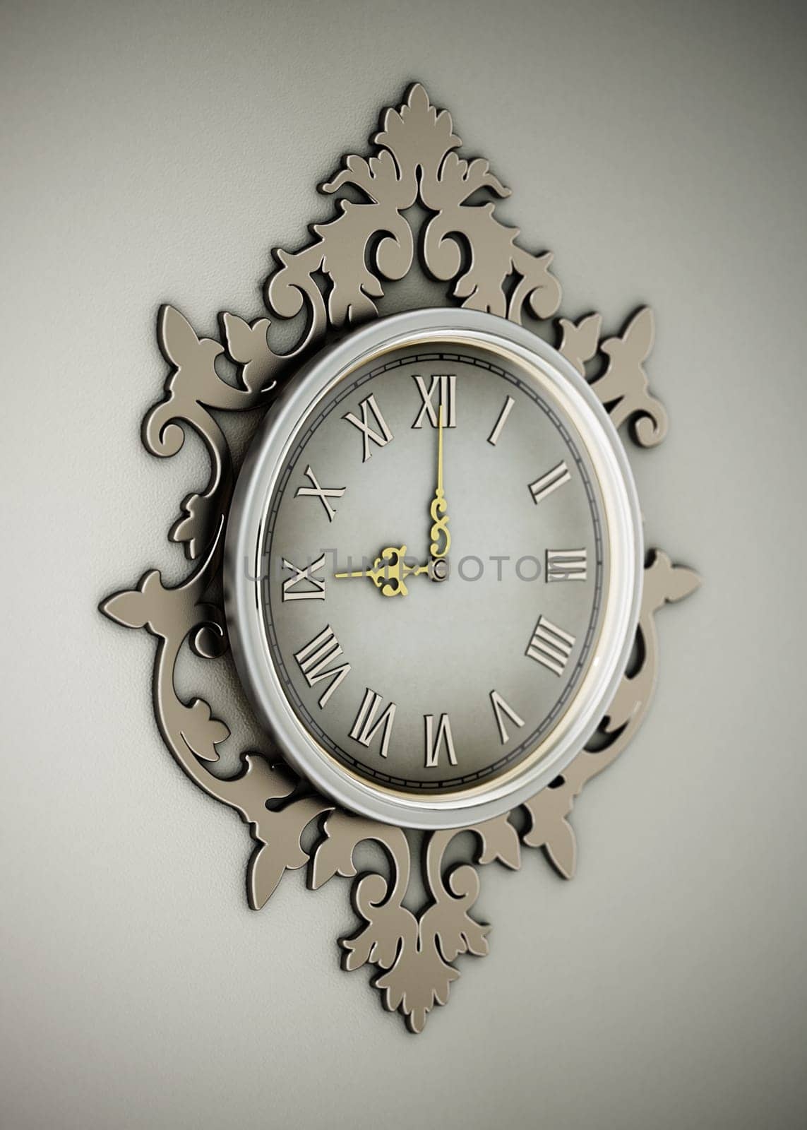 Vintage wall clock hanging on the wall. 3D illustration.