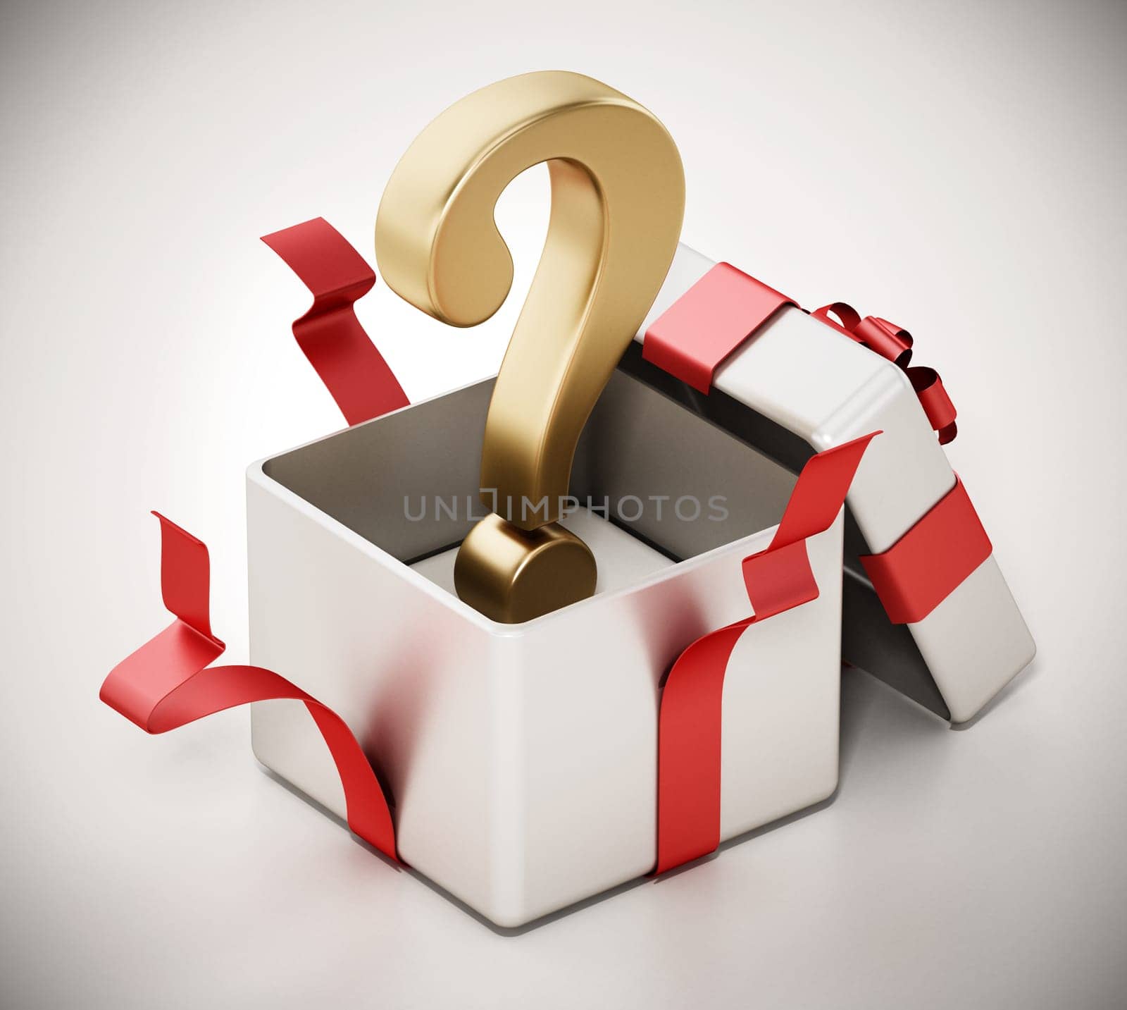 Gold question mark inside open giftbox. 3D illustration.