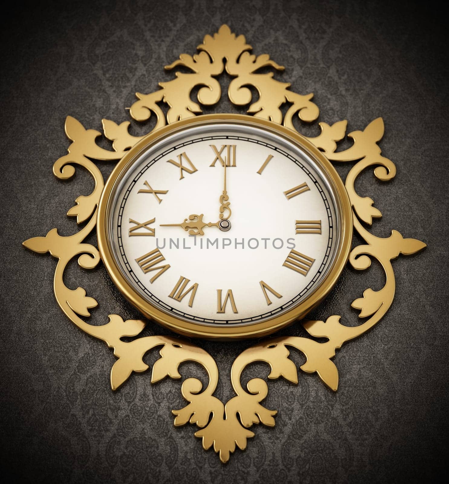 Vintage wall clock hanging on the wall. 3D illustration.