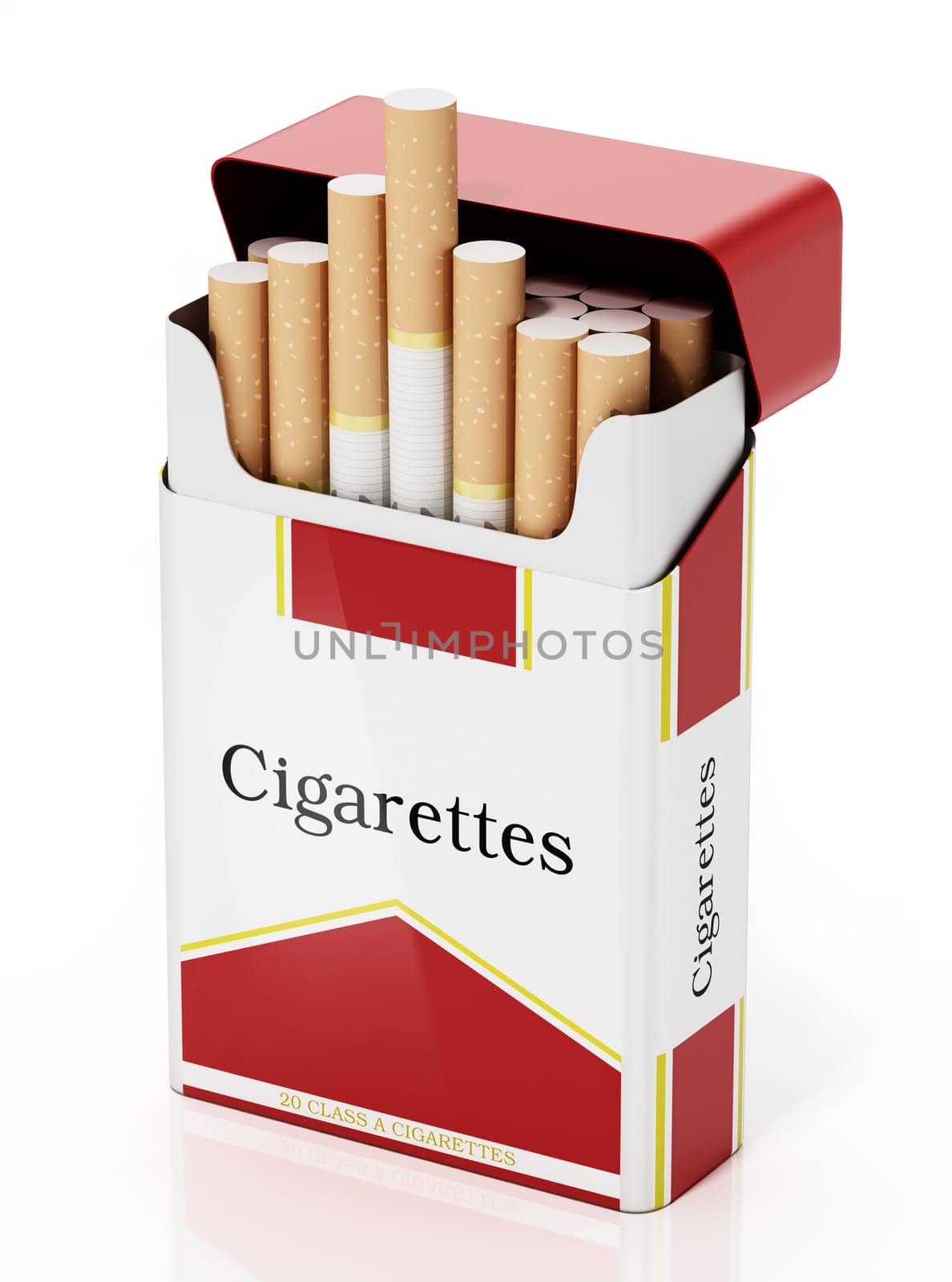 Cigarettes inside fictitious package isolated on white background. 3D illustration.