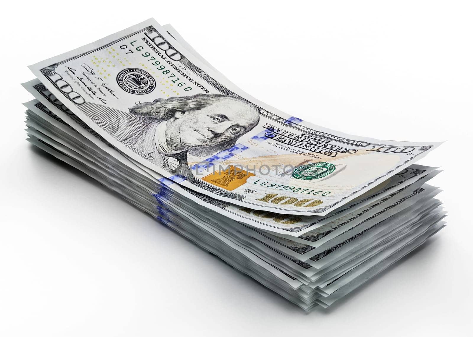 Stack of 100 dollar bills isolated on white background. 3D illustration.