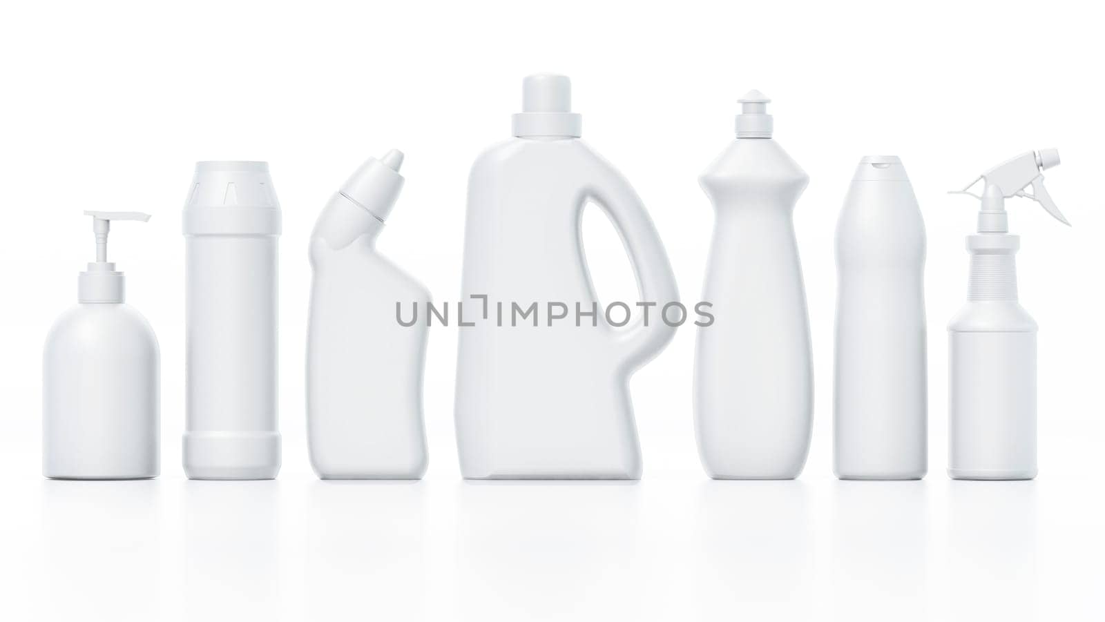 Blank cleaning product packages isolated on white background. 3D illustration.