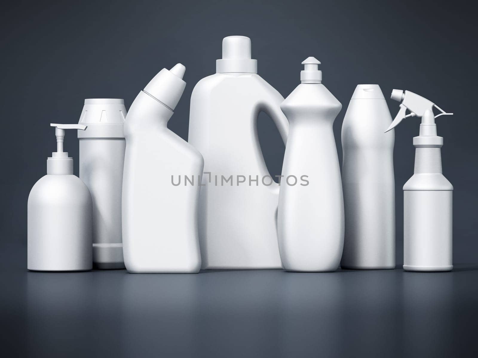 Blank cleaning product packages isolated on black background. 3D illustration.