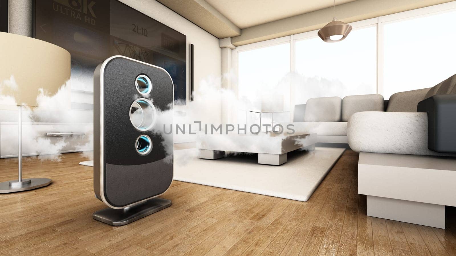 Air purifier cleans the air inside the living room. 3D illustration.