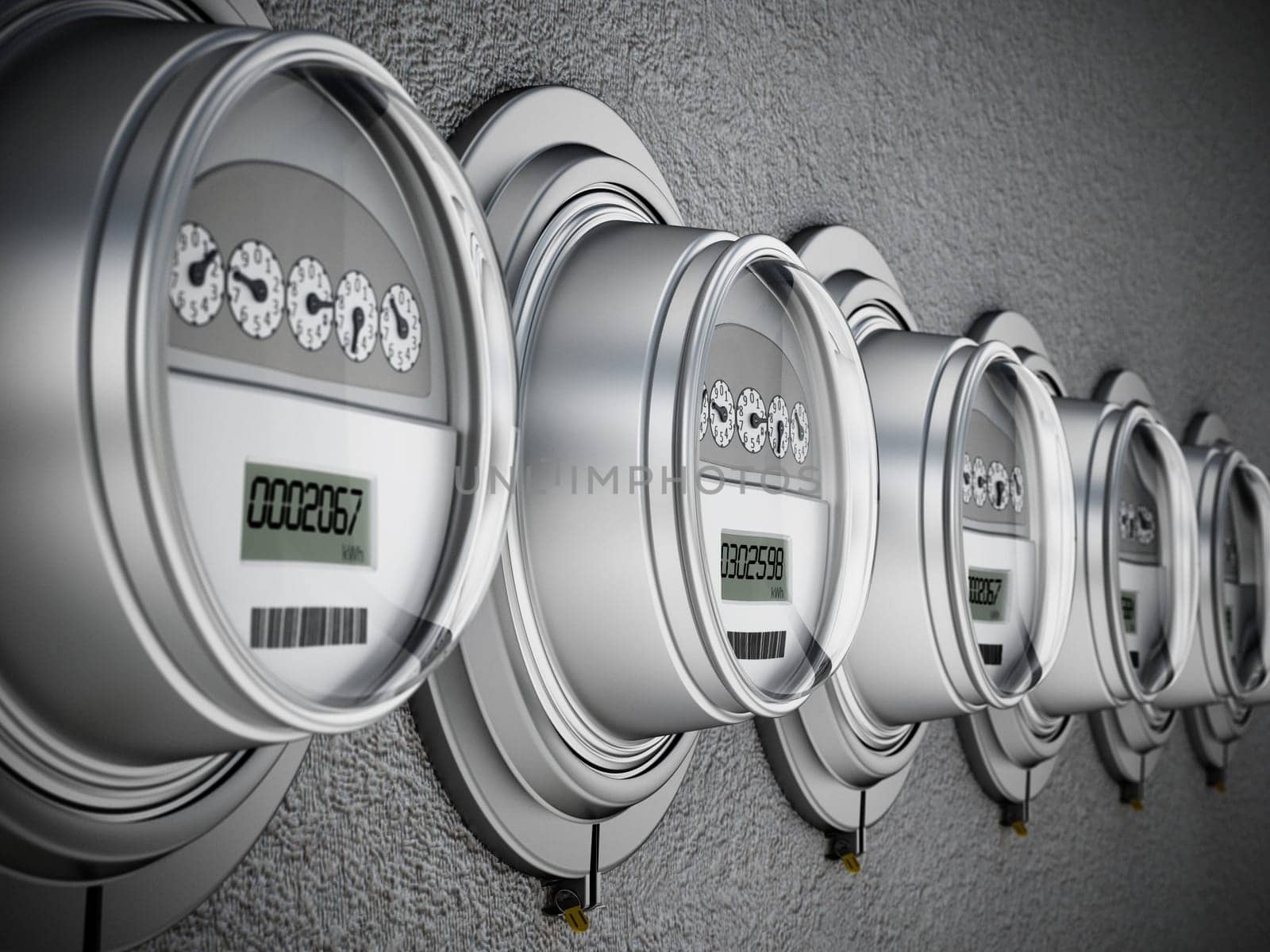 Energy efficient smart electric meters in a row. 3D illustration.