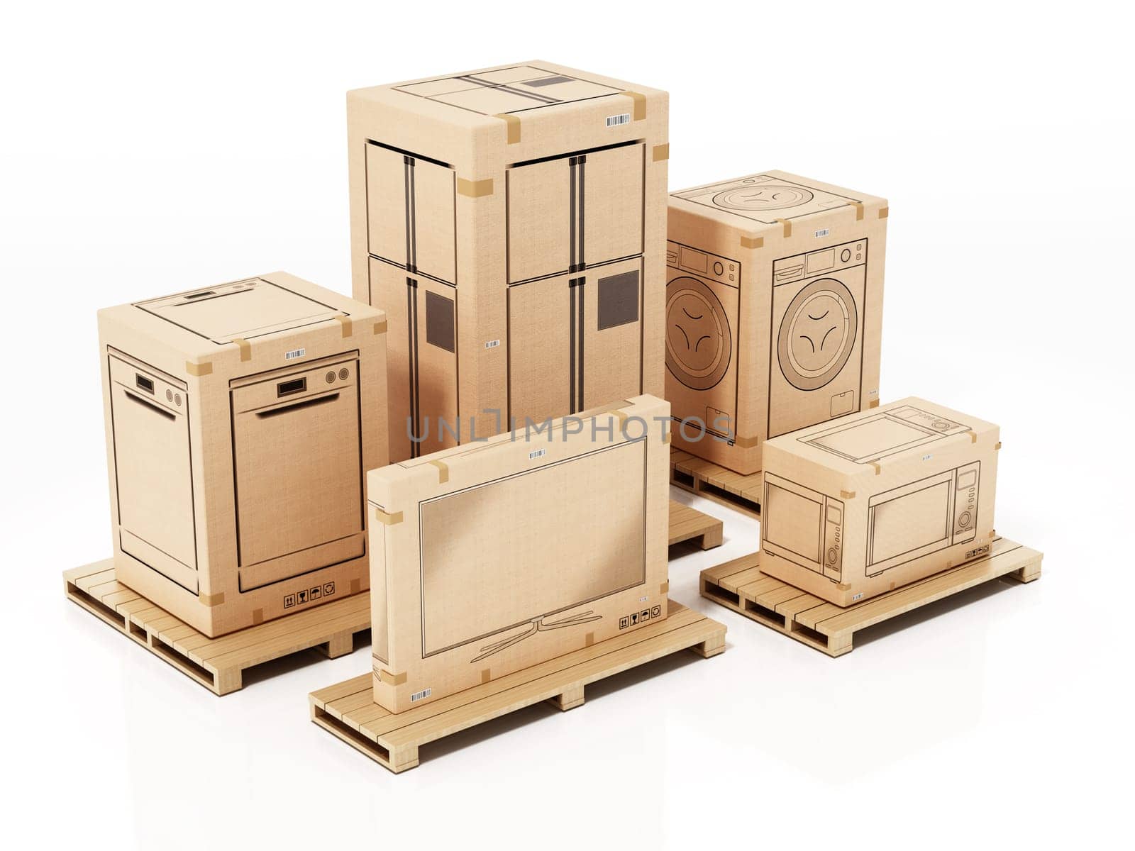 Home appliances boxes isolated on white background. 3D illustration.