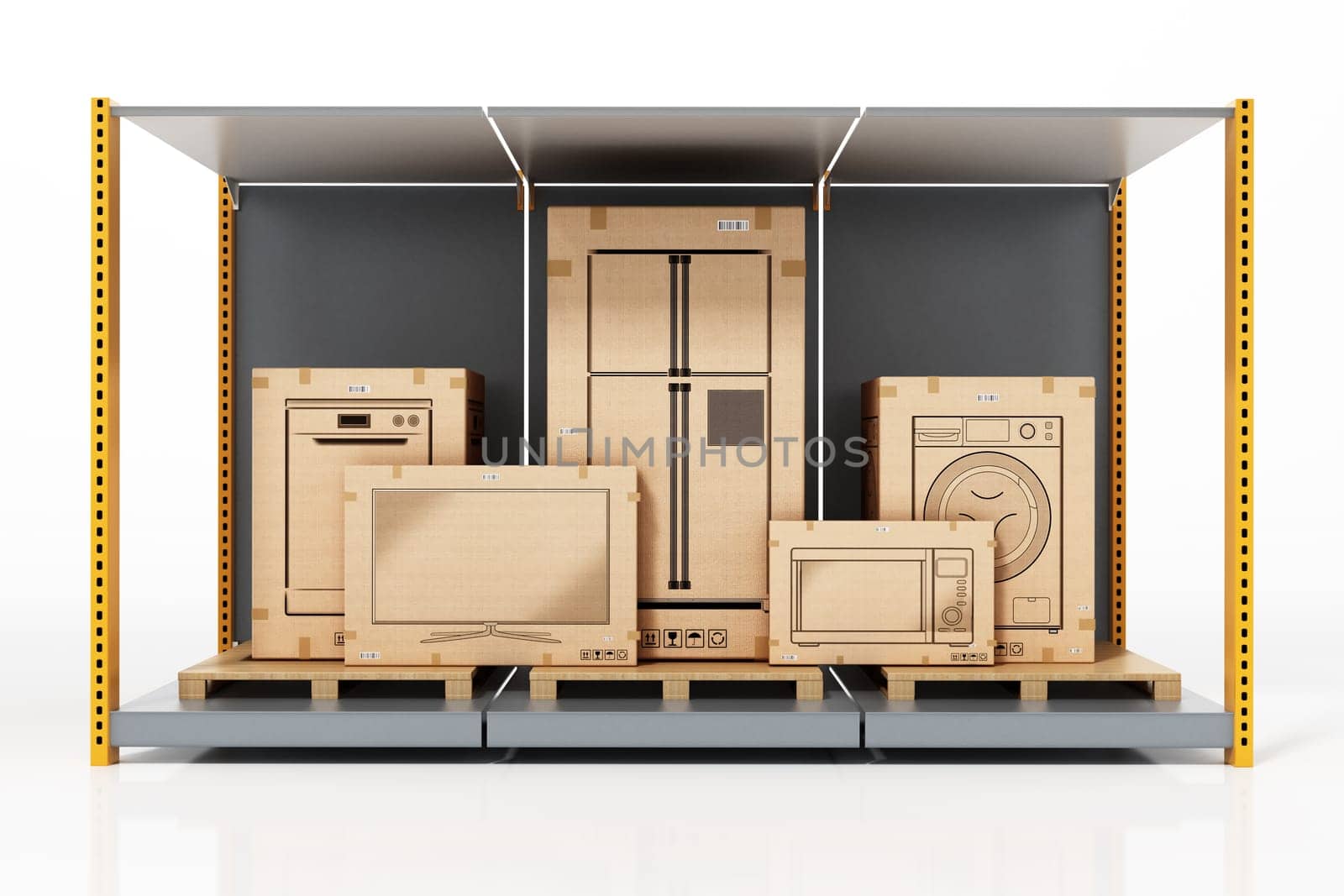Home appliances boxes isolated on white background. 3D illustration.