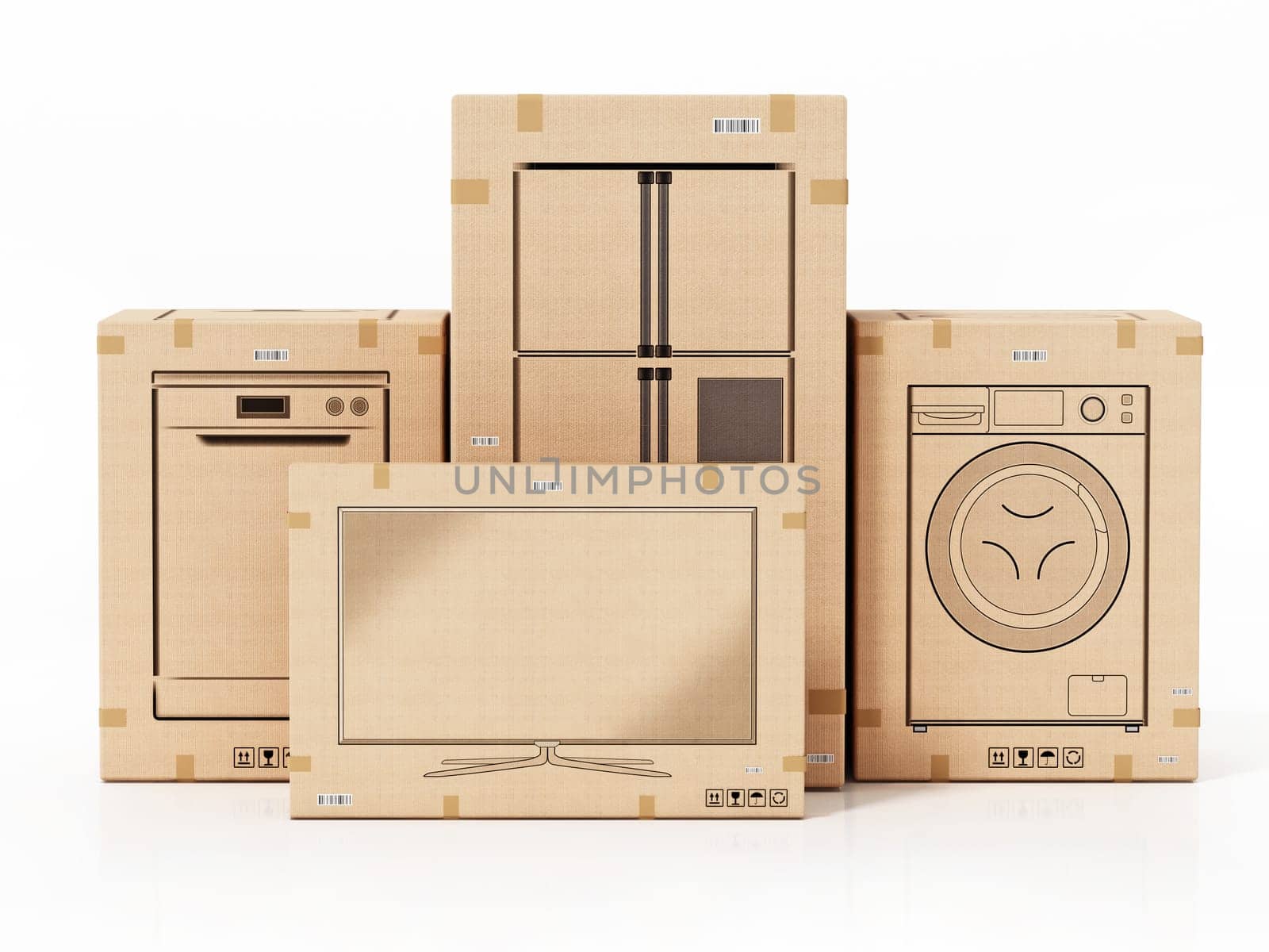 Home appliances boxes isolated on white background. 3D illustration.
