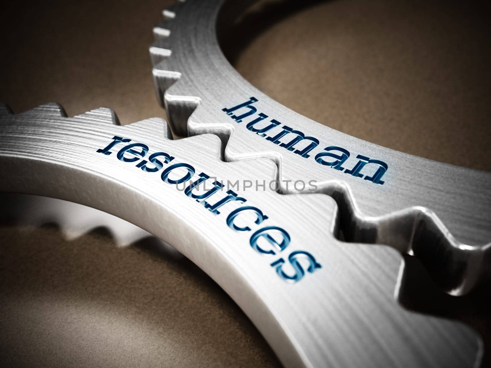 Two gears in motion with human resources text. 3D illustration.