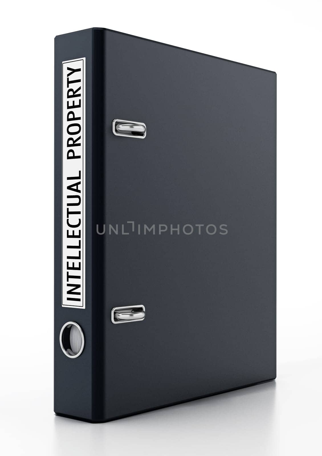 Black folder with intellectual property label isolated on white background. 3D illustration.