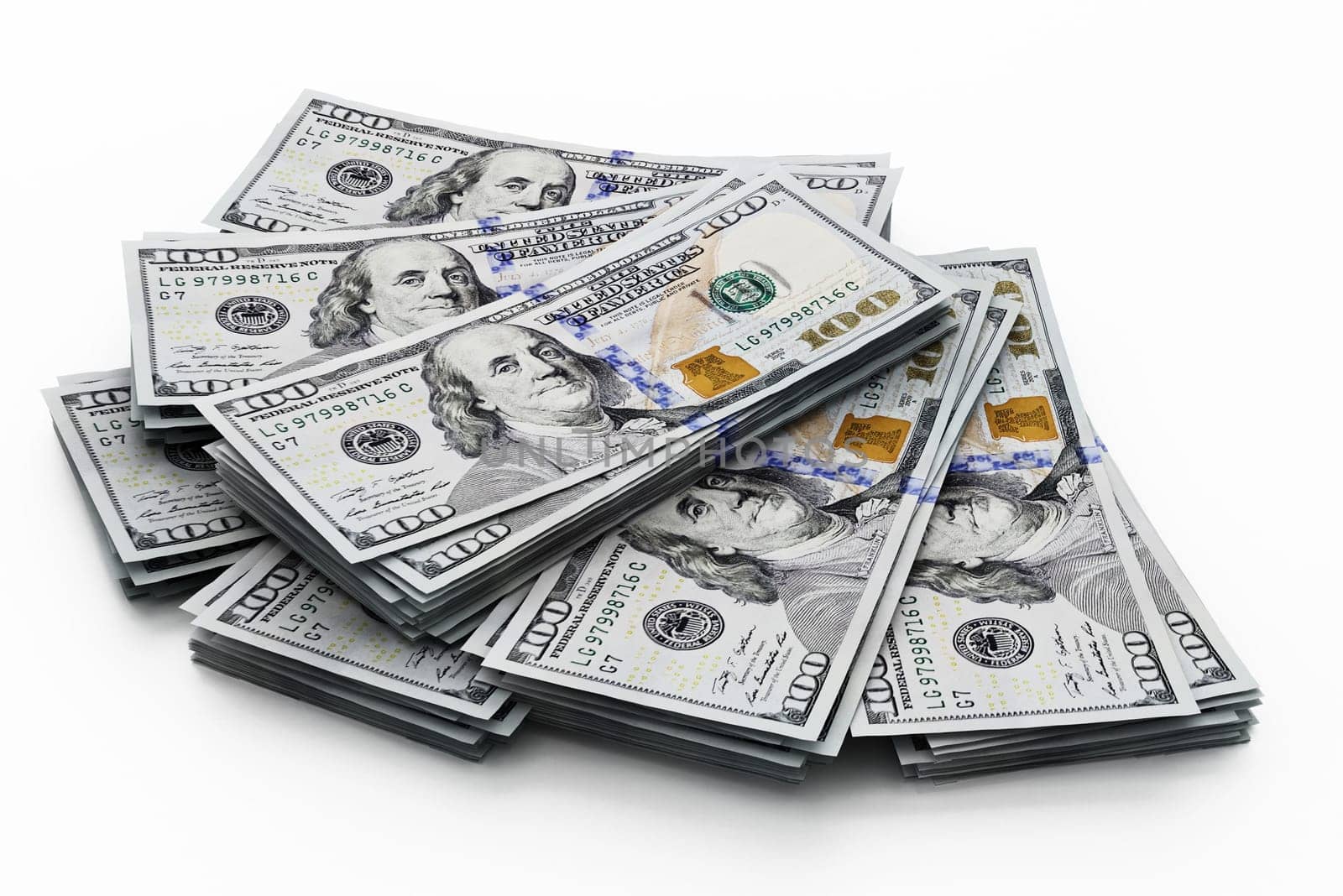 Stack of 100 dollar bills isolated on white background. 3D illustration.
