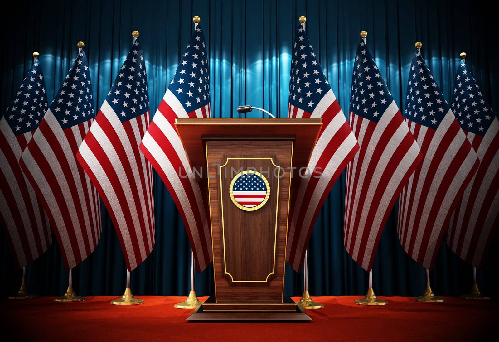 Group of American flags standing next to lectern in the conference hall. 3D illustration.