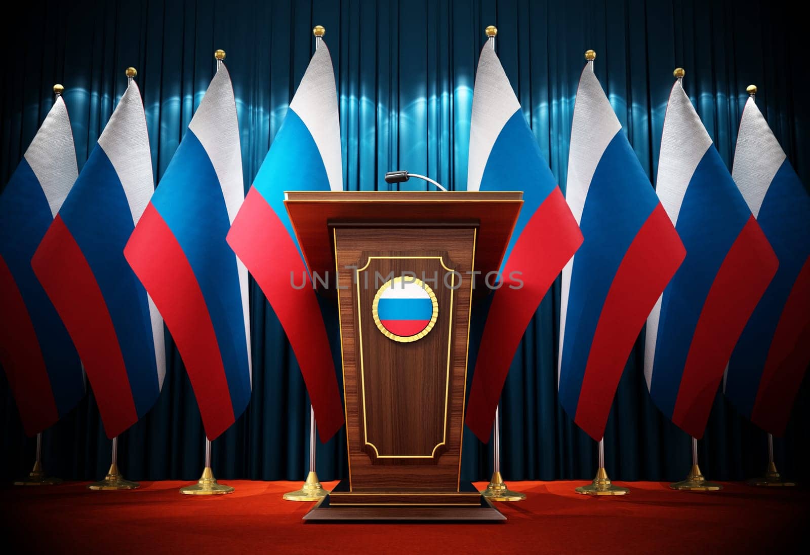 Group of Russian flags standing next to lectern in the conference hall. 3D illustration.