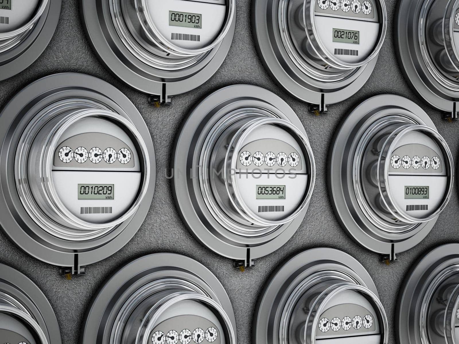 Energy efficient smart electric meters in a row. 3D illustration.