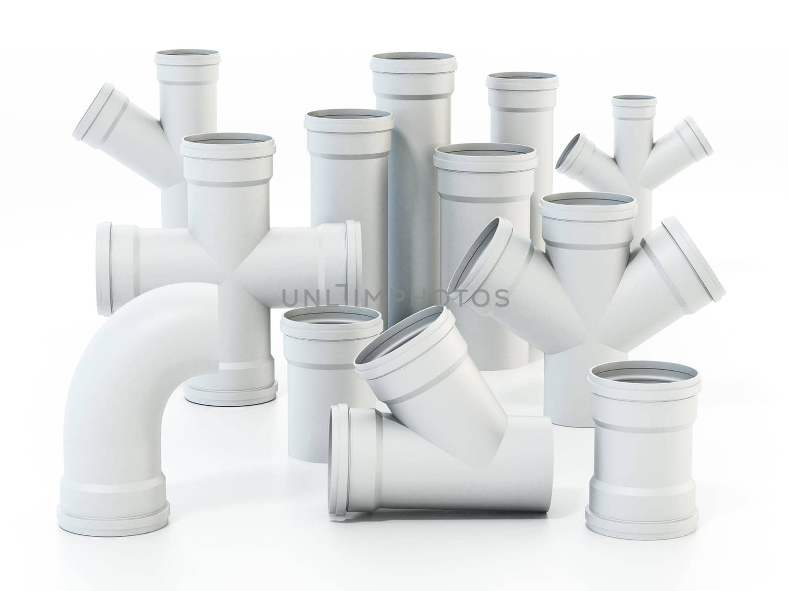 PVC water tube connection parts isolated on white background. 3D illustration.